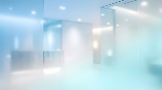 Abstract Modern Office Interior Featuring Icy Blue Glass Partitions And A Blurred Minimalist Corporate Workspace Background