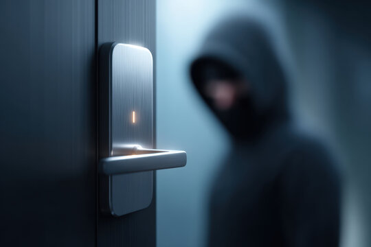 Digital door lock modern door lock smart lock security home entry access metal silver closeup hooded person blurred figure suspicious theft burglary intrusion privacy safety protection keypad
