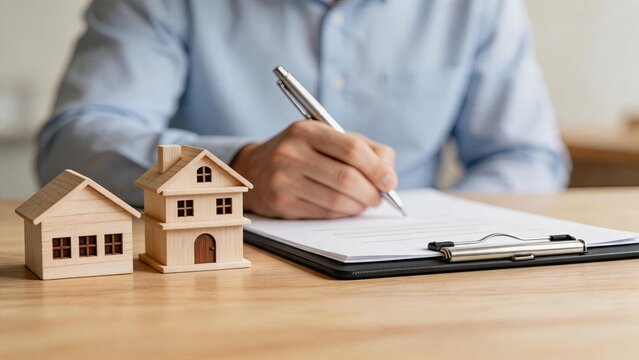 Real estate agent or client signing property contract document with wooden house models on table representing home buying mortgage agreement process