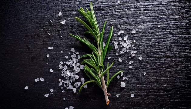 Single Fresh Rosemary Sprig Lying On Dark Slate Surface With Water Droplets And Sea Salt Crystals In Low Light