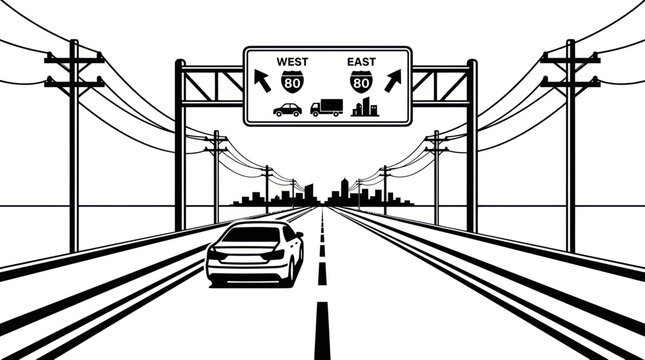 Driving to city on highway, choosing direction west or east, car on road