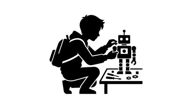 Boy repairing robot on table.