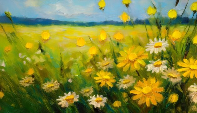 Yellow Chamomiles On Green Meadow Digital Imitation Of Post Impressionism Oil Painting