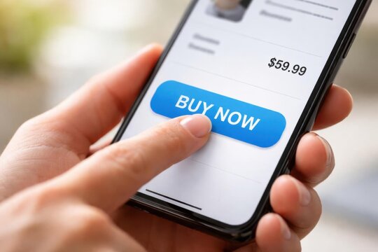 Bot&oacute;n de comprar ahora pulsado por una mano en la pantalla de un tel&eacute;fono inteligente con fondo neutro difuminado