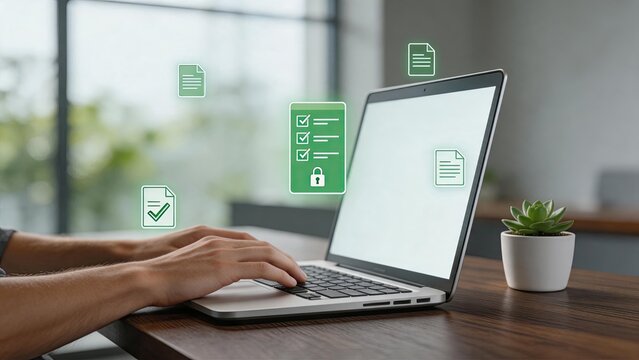 Secure file upload and document management on laptop, green icons showing locked checklist and verified papers, cloud storage concept, cybersecurity protection for business data.
