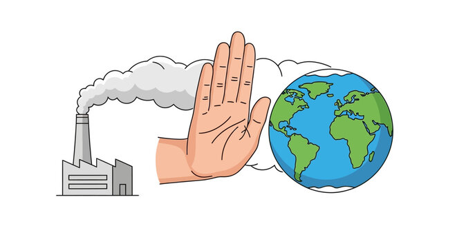 Hand stopping pollution from factory affecting the Earth