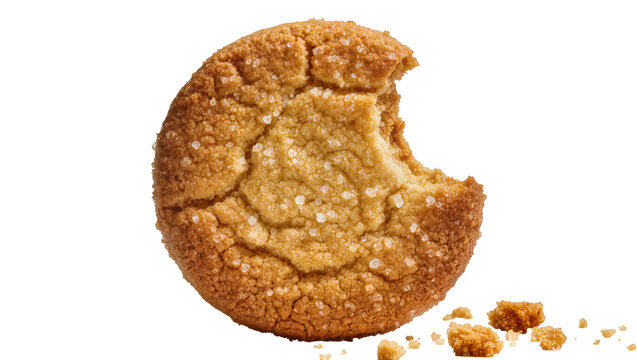 Isolated delicious sugar cookie with a fresh bite taken out, sparkling sugar, sweet crumbs