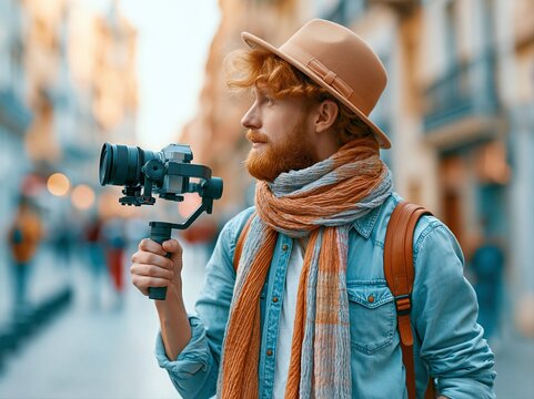 Man holding camera stabilizer stands on street in city center during sunset while filming