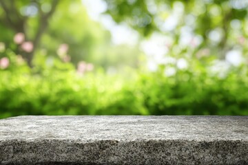 Fototapeta premium A stone surface with a bokeh effect, a blurred garden background, and a rough concrete texture. A calm color palette. The perfect backdrop for presenting cosmetics and organic products. Banner