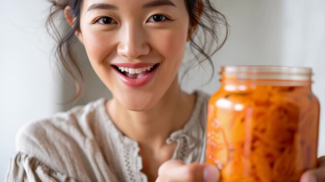 Smiling woman holding jar of homemade kimchi in bright kitchen setting