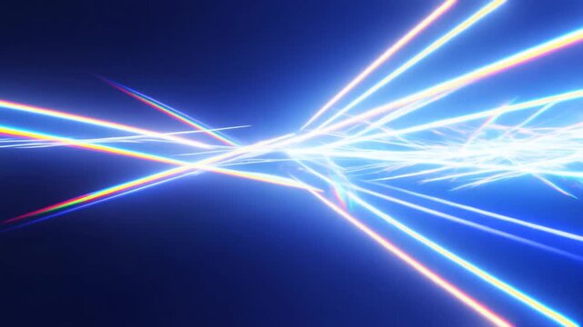 Tracking shot of neon light streaks converging and diverging in energetic abstract burst on dark blue digital backdrop