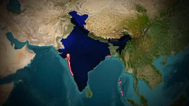 Animated Satellite View Map of India Highlighted with Red Border and Label on World Map Background