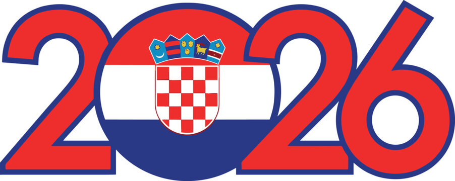 Croatia Flag Circular Icon with Year 2026 Typography for Croatian National Events, Football Tournaments, New Year Celebrations, and Patriotic Vector Graphic DesignsCroatia Flag Circular Icon with Year