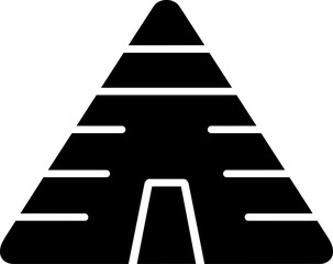 Black teepee tent silhouette icon with triangular shape, entrance, horizontal cutout lines, bold camping shelter form, isolated on white background. © Flower_Ranger