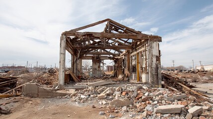 Fototapeta premium A worn-down, deteriorating structure suited for demolition work, showing signs of decay and structural damage 