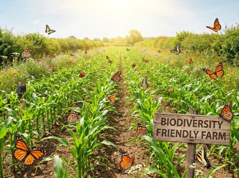 Biodiversity Friendly Farm with Butterflies: A vibrant farm field, teeming with young corn plants and a multitude of colorful butterflies, radiates health and ecological harmony under a bright.