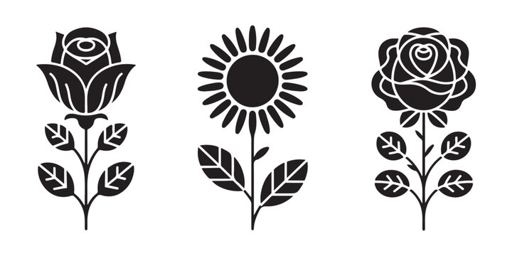 Black rose and sunflower icons with leaves on transparent background vector.