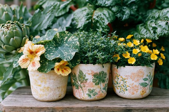 Three cream stoneware pots with botanical designs containing vibrant flowers and greenery, arranged on a wooden surface in a lush garden setting