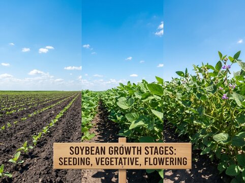 Soybean Growth Stages: A triptych showcasing the evolution of a soybean field from seeding to vegetative growth and finally to flowering, under a clear blue sky.
