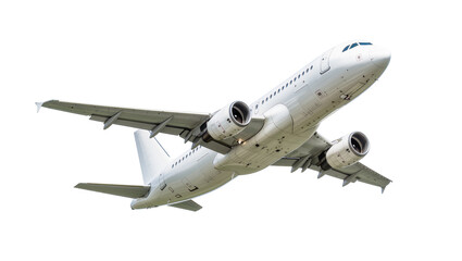 Isolated white passenger jet plane flying high, ascending aircraft, aviation travel and transport © Aoife