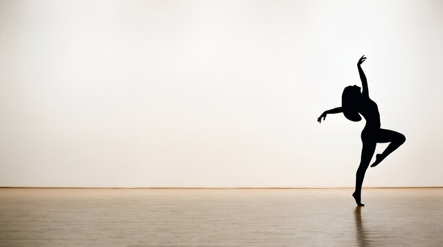 Silhouette of a woman dancing on one side with large blank studio background