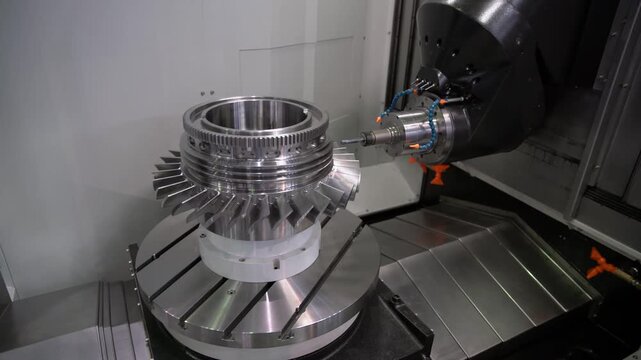 Industrial multi axis cnc machine carving complex metal turbine component in manufacturing facility.
