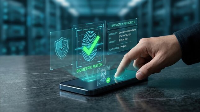 Secure biometric payment on smartphone, authorized transaction with fingerprint scan and holographic interface for modern digital banking and mobile commerce technology concept