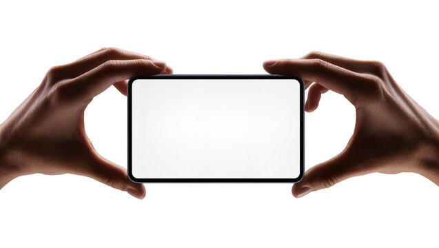 Isolated human hands holding generic black smartphone horizontally with blank screen mockup