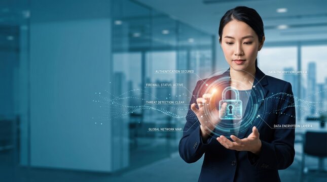 Businesswoman securing digital data with holographic padlock icon, cybersecurity authentication, firewall status active, threat detection clear