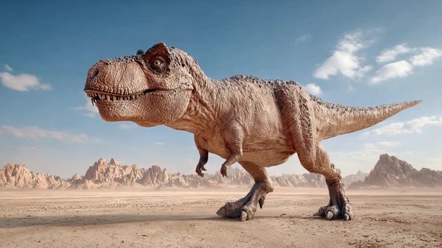 Tyrannosaurus Rex in Arid Landscape: A realistic depiction of a Tyrannosaurus Rex, the king of dinosaurs, stands powerfully in a vast.