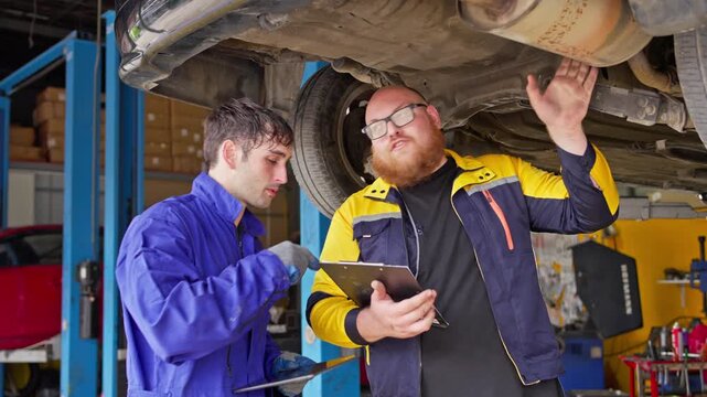 Automotive inspection discussion garage workshop image series industrial environment close-up view technical communication