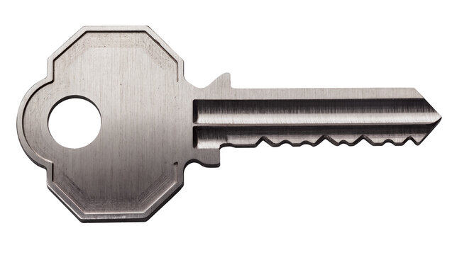 Isolated metallic silver-colored key with complex bitting for home and security access.