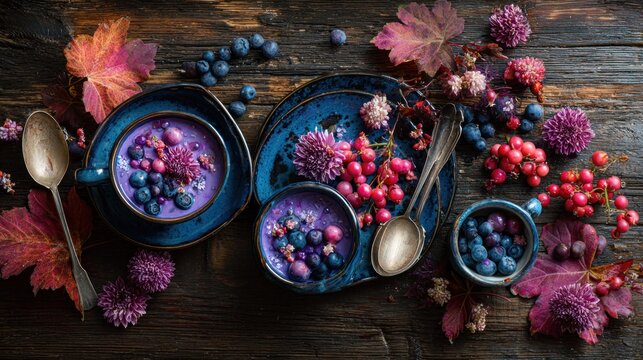 Richly colored purple berry smoothie bowls arranged artistically on a rustic wooden surface with accompanying autumn foliage and silverware