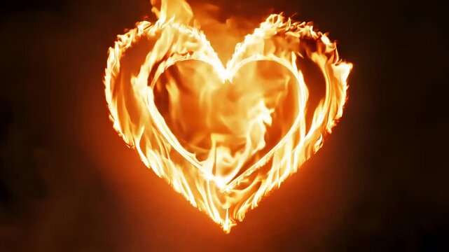 Heart shape formed by flames flickering against a dark background, showcasing the dynamic movement of fire in a visually striking display of light and energy