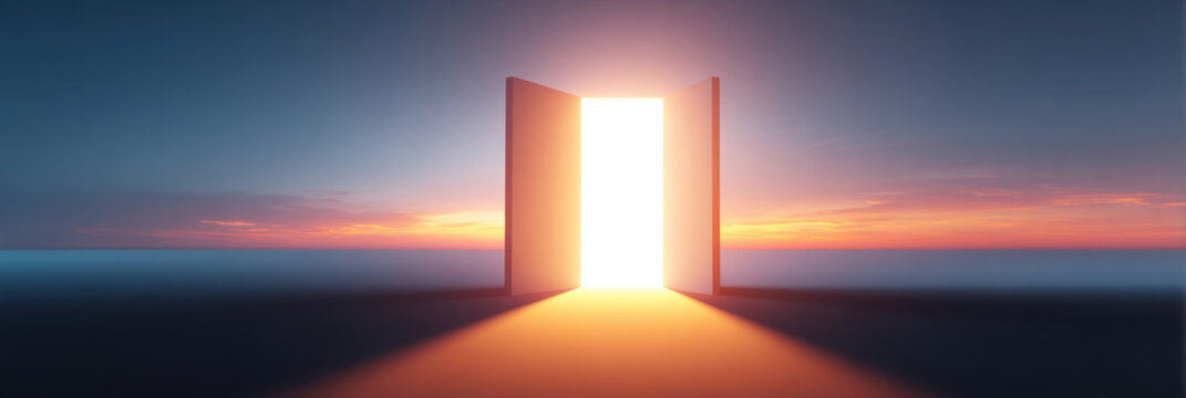 Open double door bright light centered composition horizon sunset open door doorway entrance glowing light sunrise minimalist interior symbolic passage spiritual concept hope freedom transition