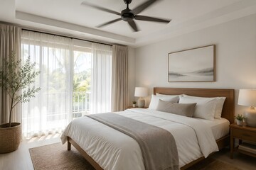 Fototapeta premium Energy Efficient Ceiling Fan in Bright Bedroom
