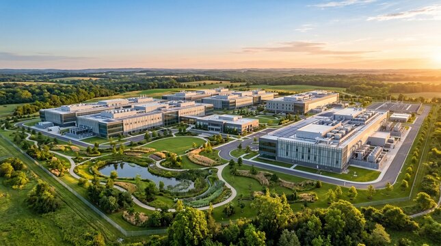 Modern technology campus building complex with landscaped grounds at sunset