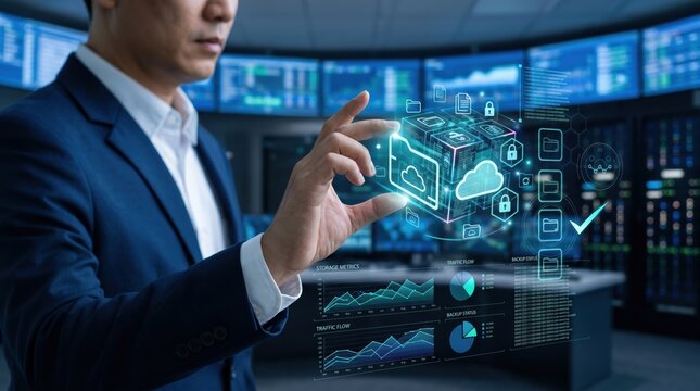 IT specialist managing secure cloud storage network, touching virtual folder with lock icons, cybersecurity and data protection dashboard in server room background.
