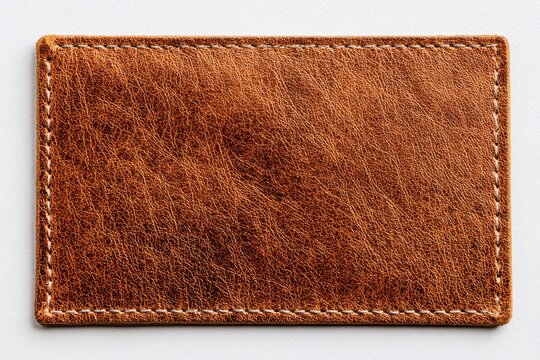 Blank brown leather patch with double stitching border isolated on white background. Minimalist texture label mockup for clothing jeans branding, premium accessory and apparel design. Copy space