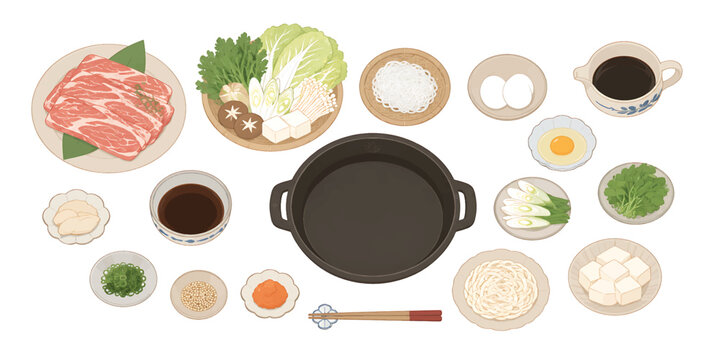 Japanese Sukiyaki Hot Pot Ingredients Vector Set. Traditional Shabu Shabu Meal Elements with Sliced Beef, Naba Pot, Shiitake Mushroom, Tofu, Udon Noodles, Eggs, and Vegetables for Menu and Restaurant 