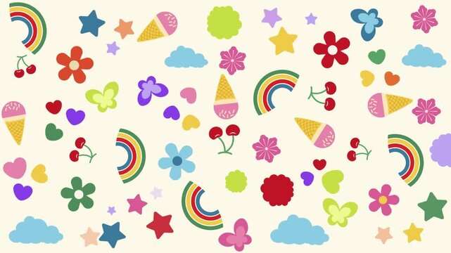 Cute colorful flat animation background with rainbows, flowers, ice cream cones, and stars. Retro kidcore aesthetic motion graphic screen. Bright colorful cartoon pattern animation screen for kids.