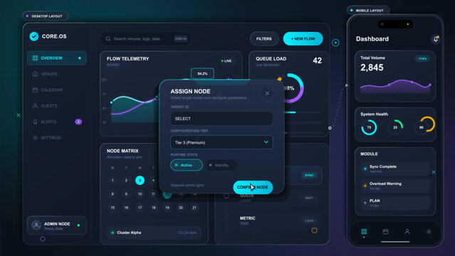 Dark responsive dashboard interface showing desktop and mobile layouts, flow telemetry chart, queue load gauge, node assignment modal and sidebar.