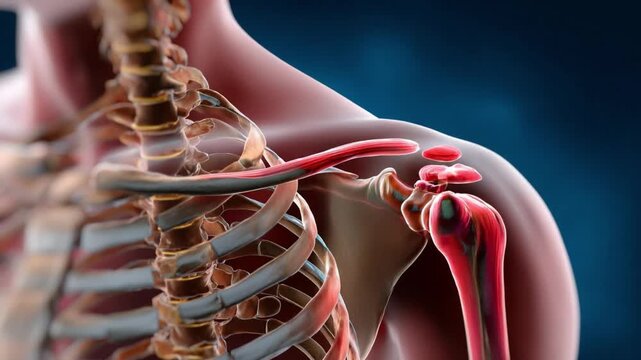 Anatomical study of the human shoulder joint, highlighting the intricate details of the clavicle, scapula, humerus, and rib cage in a scientific illustration.