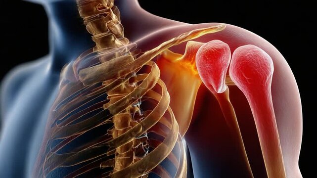 Shoulder Anatomy with Inflammation: A close-up, X-ray-like view of the human shoulder joint, highlighting the clavicle, scapula, humerus, and rotator cuff.
