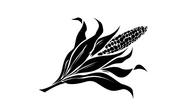 Stylized black and white illustration of a corn stalk with an ear of corn, maize plant graphic, farm crop vector silhouette design element.