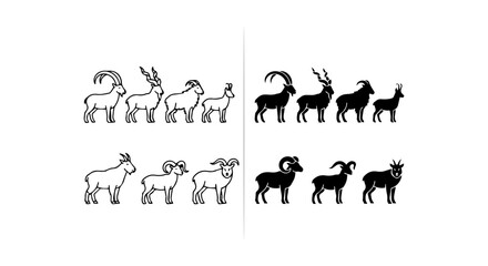 Fototapeta premium Goat icon set outline solid silhouette, white background
