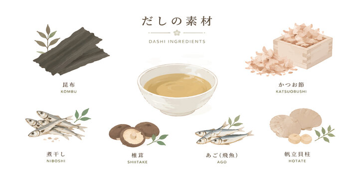 Traditional Japanese dashi soup stock ingredients vector infographic chart with kombu katsuobushi niboshi and shiitake