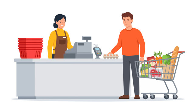 Female cashier serving a male customer at a supermarket checkout counter with a full grocery cart on white background, illustrating retail shopping, provides store marketing materials
