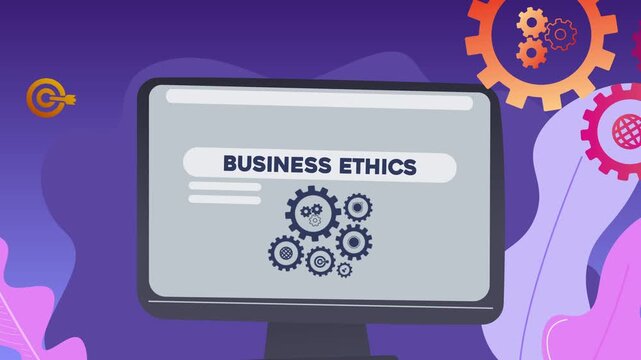 A computer screen displaying the text &ldquo;Business Ethics&rdquo; and illustrations of gears