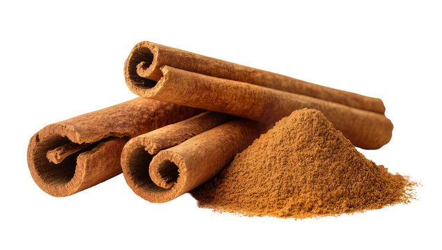 Isolated aromatic cinnamon sticks and natural ground spice powder, essential cooking ingredient